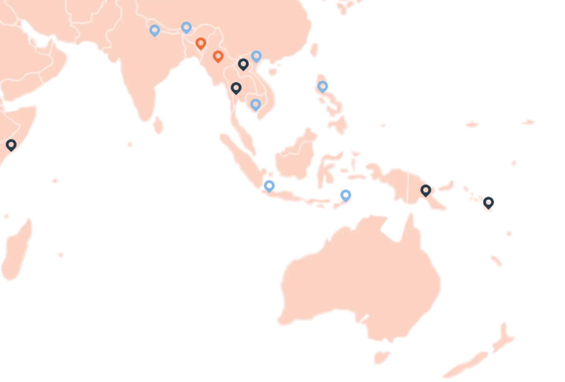 Map with marked dots showing areas where PlanBørnefonden works.