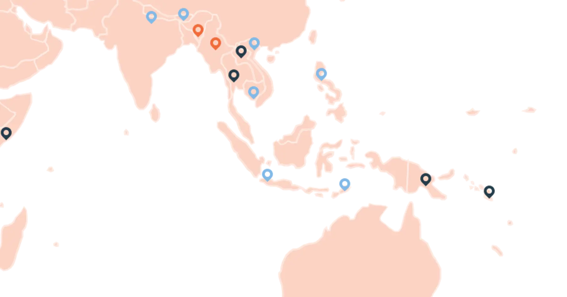 Map with marked dots showing areas where PlanBørnefonden works.