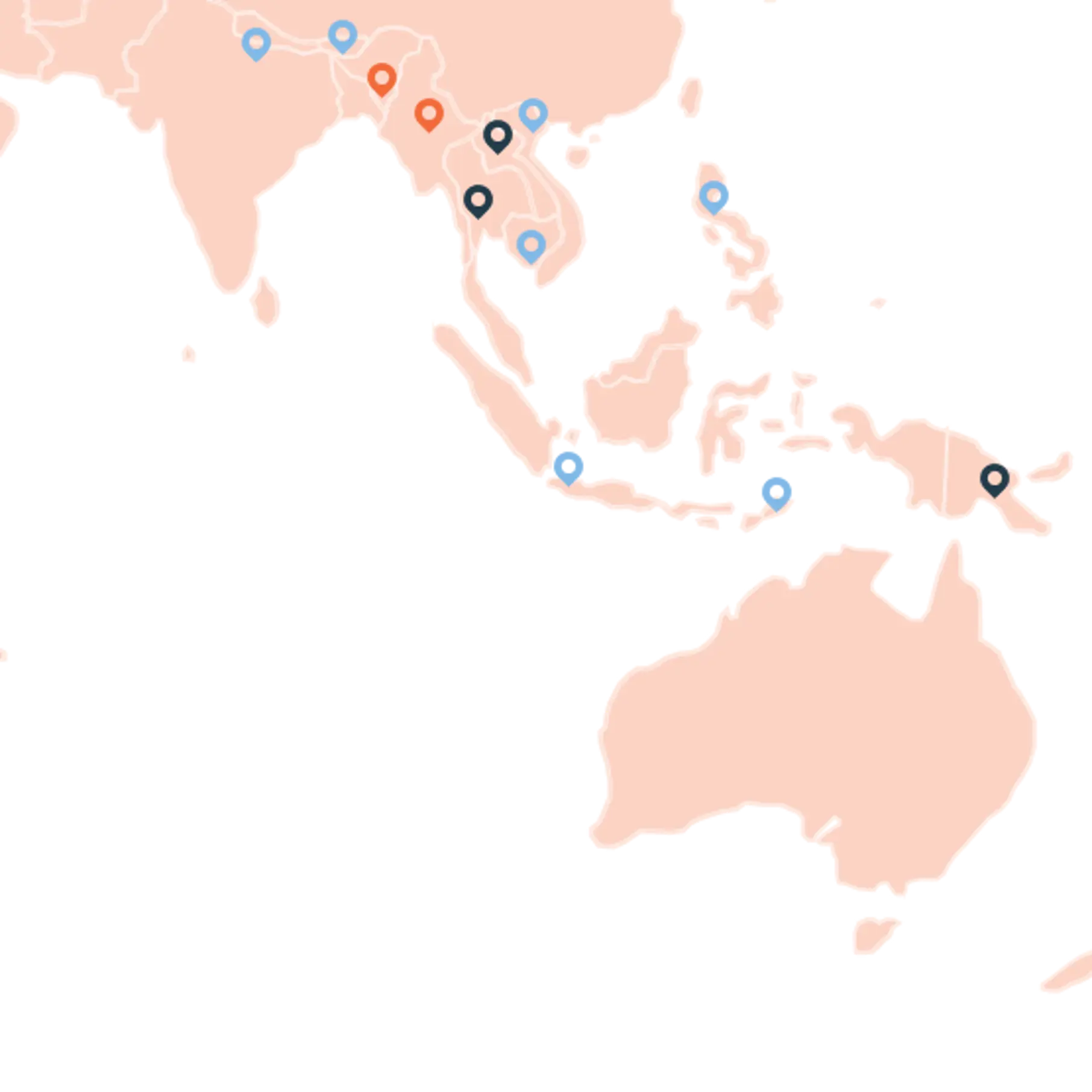Map with marked dots showing areas where PlanBørnefonden works.